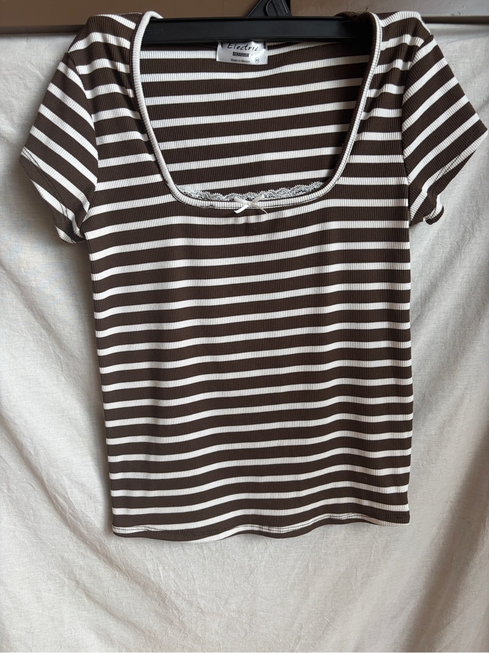 Electric Behaviour Brown & White Striped Scoop Neck Tee with Lace Trim